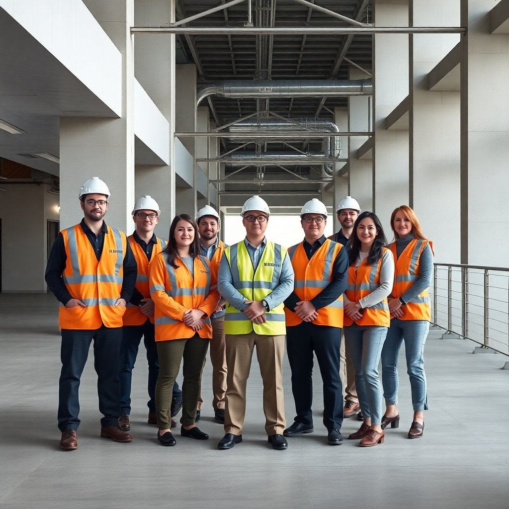 Professional team photo or abstract representation of multi-disciplinary services including construction, security, and parking management in a clean, high-end corporate style, soft lighting, 16:9 aspect ratio, architectural elements.